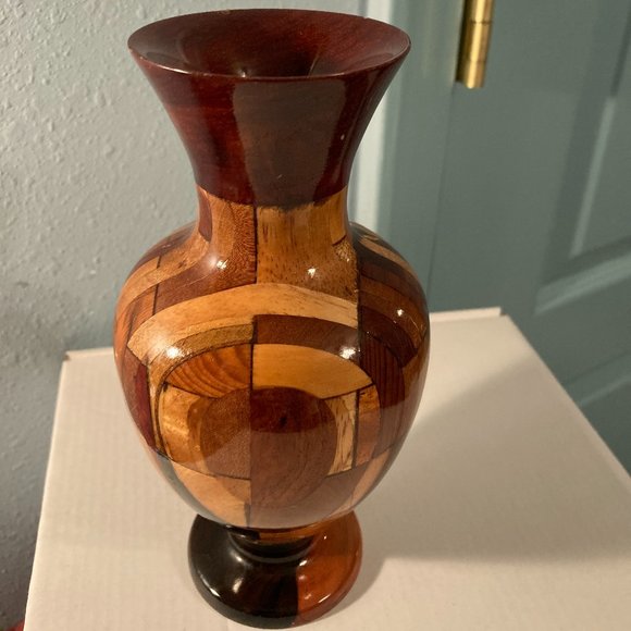 Hand turned Marquetry Wooden Vase Other - VTG Hand Turned Studio Marquetry Wooden Vase-7.25" H-Multicolored Patterns-VGUC
